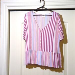 Hayden Los Angeles Peplum Pleated Hem Gauzy Pink Striped V Neck Top Sz. 1XL